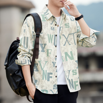 春季衬衫外套男生长袖字母印花潮流时尚竖纹理高级感港风潮牌衬衣