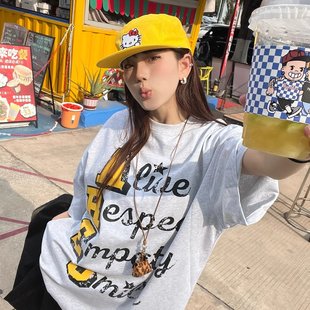 宽松圆领上衣 220克纯棉美式 印花短袖 t恤女2025夏季 新款