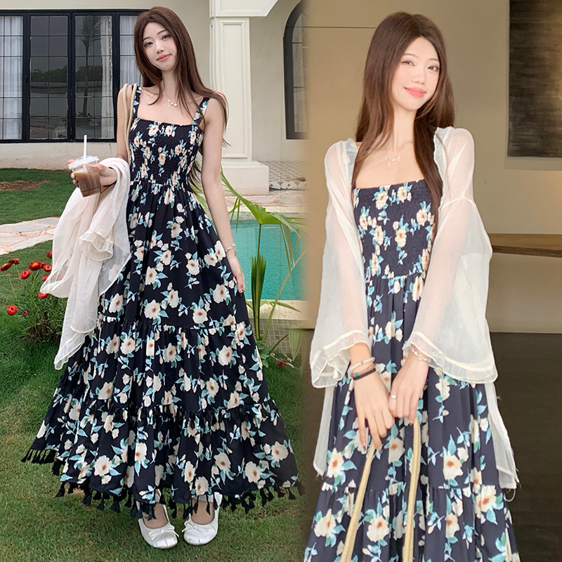 实拍~大码法式印花吊带连衣裙夏季梨形身材碎花裙遮肚子显瘦裙子