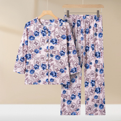 春夏绵绸新款中年妈妈棉绸睡衣女夏季长袖薄款家居服老人两件套装