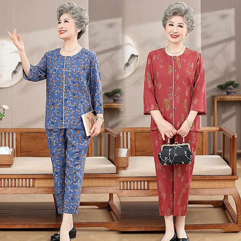 奶奶夏裝棉綢套裝中老年人女媽媽夏季中袖開衫大碼家居衣服兩件套