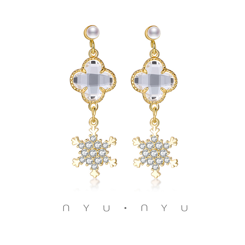 nyunyu四叶草雪花珍珠韩国耳环