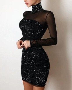 High Contrast Glitter Neck Dress网纱拼接连衣裙 Mesh Bodycon