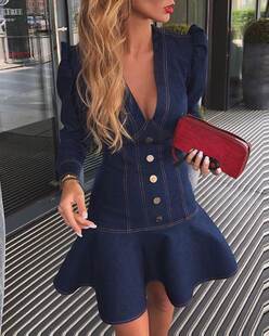 Puff Dress深V泡泡袖 Sleeve Denim 荷叶边连衣裙 Ruffles Plunge