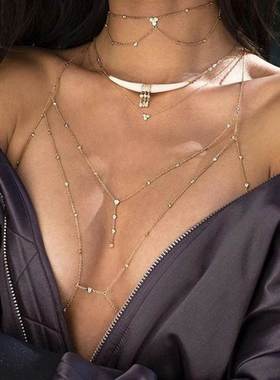 欧美时尚闪钻bikini身体链性感胸链饰品女海边度假拍照衣服配饰潮