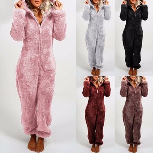 2022歐美秋冬女跨境加絨加厚毛毛連體褲 家居連帽小熊睡衣pajamas