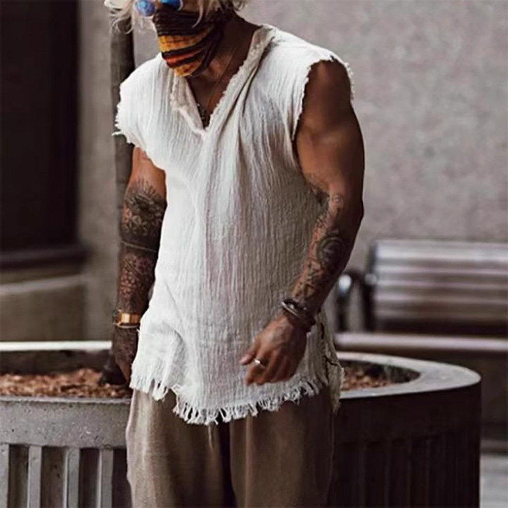 夏季复古男士毛边背心Vintage Cotton Tank Tops Mens Streetwear