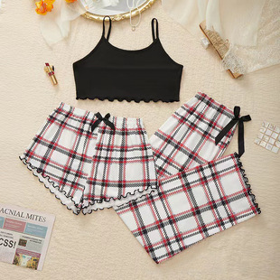 women checkered Three for pajamas set piece home wear