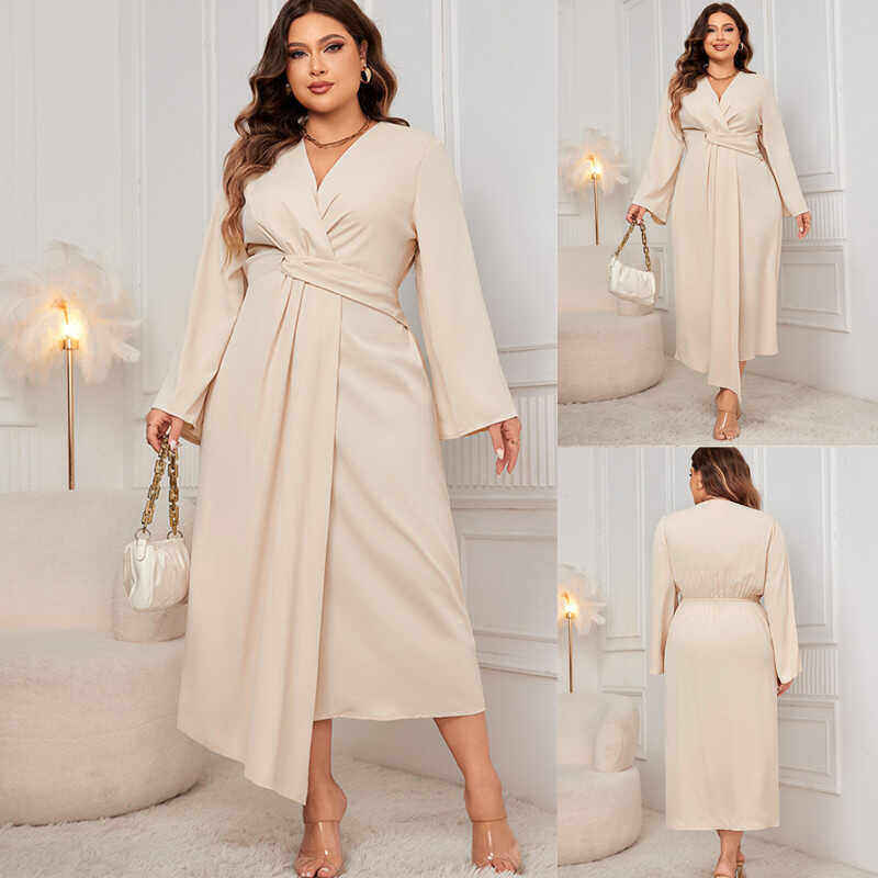 Plus size V-neck women Long sleeve Stylish dress连衣裙XL-5XL