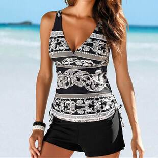 Women Plus Size Two Piece Swimsuit Tankini V-neck Swimwear