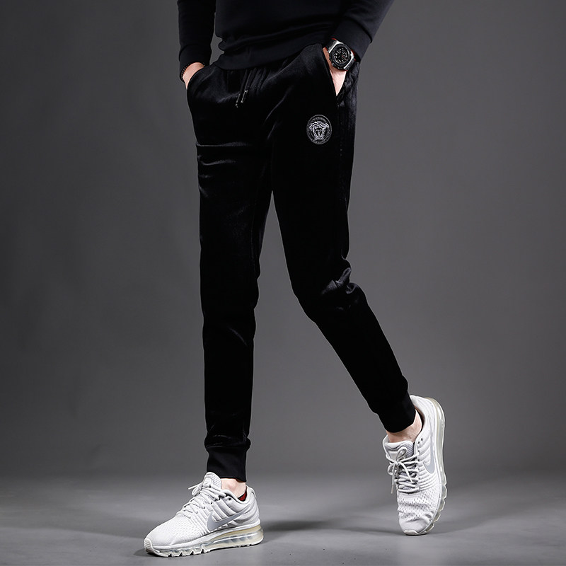 黑色加绒裤子男秋冬季男士休闲长款韩版修身小脚裤弹性厚款运动裤