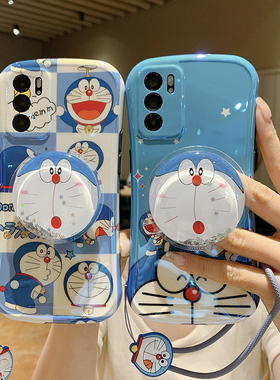 日系卡通蓝胖子猫OPPOreno11手机壳6pro+全包5k情侣4小蛮腰a93s软reno10女款reno9pro防摔k9套k7x支架a72挂绳