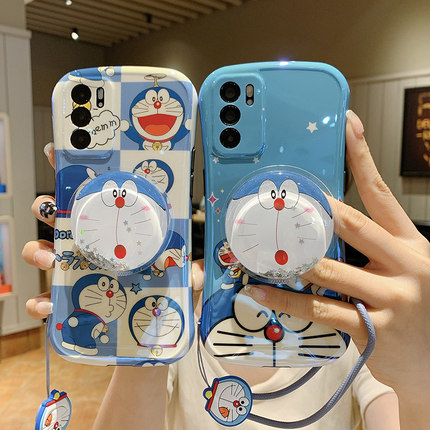 日系卡通蓝胖子猫OPPOreno11手机壳6pro+全包5k情侣4小蛮腰a93s软reno10女款reno9pro防摔k9套k7x支架a72挂绳