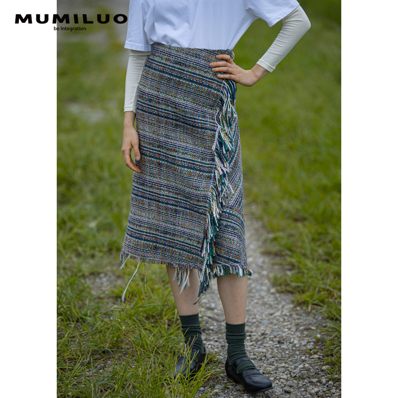 MUMILUO|21FW 进口面料 流苏格纹半身裙新 a字春秋不规则毛边长裙