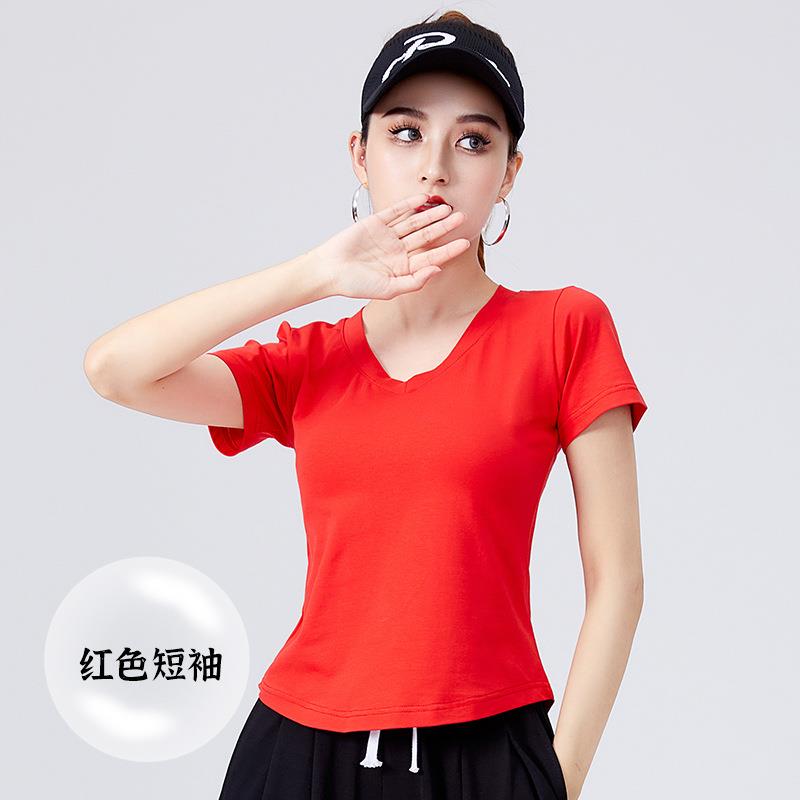 特惠杨丽萍广场舞服装纯棉短袖新款上衣纯色运动健身操舞蹈练功演