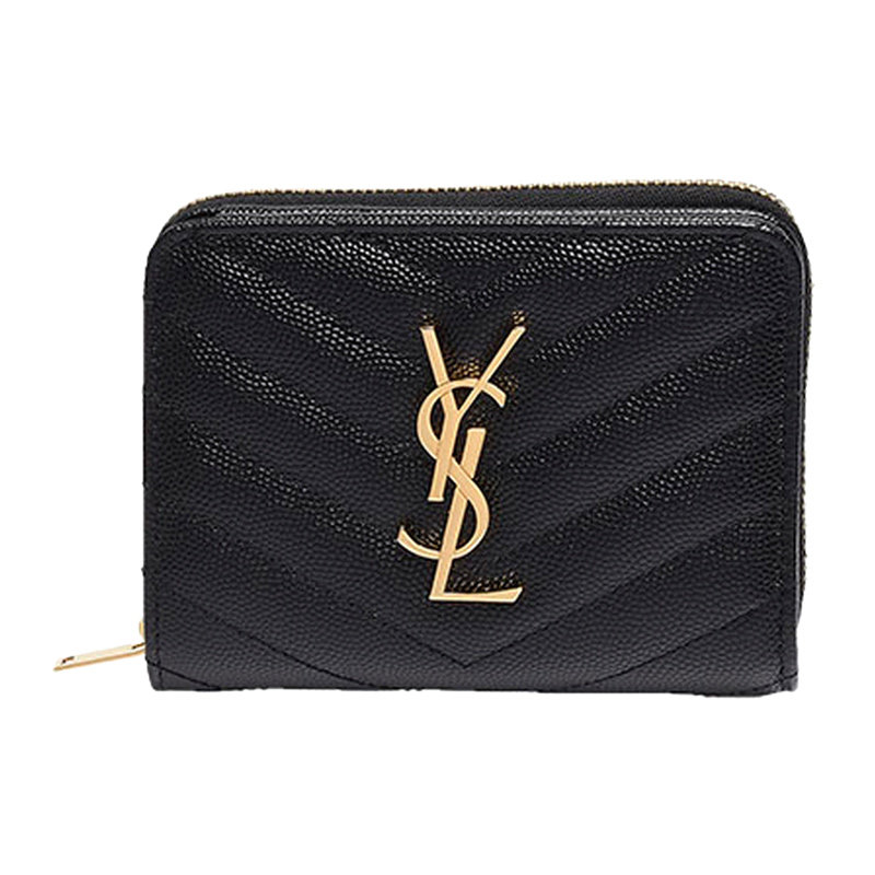 YSL 圣罗兰 女士斜纹短款配金色logo拉链钱包荔枝紋 403723
