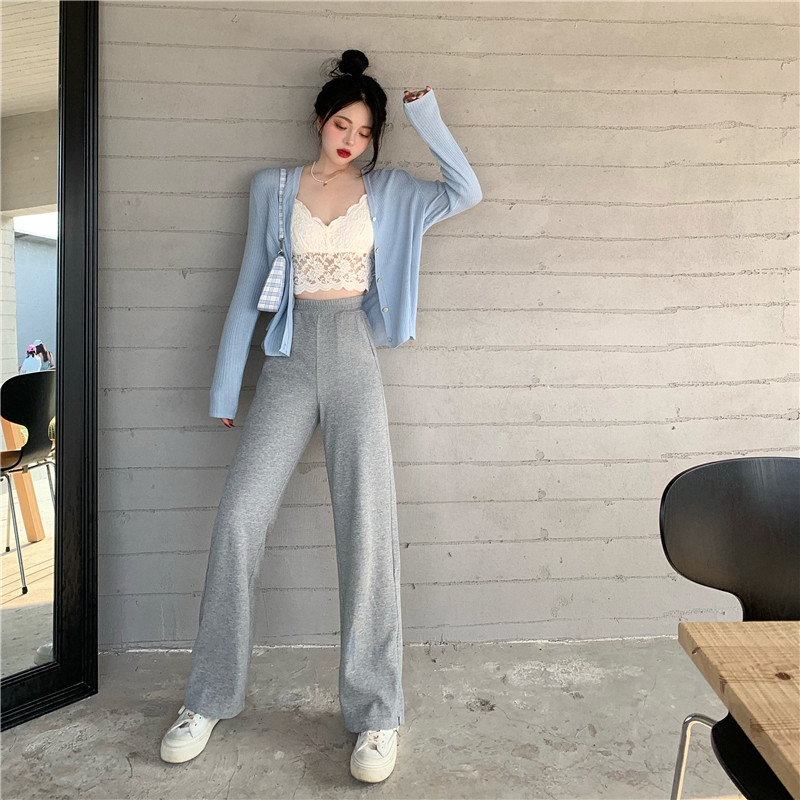 时尚套装女夏季薄款开衫外套+蕾丝小吊带+直筒运动长裤洋气三件套