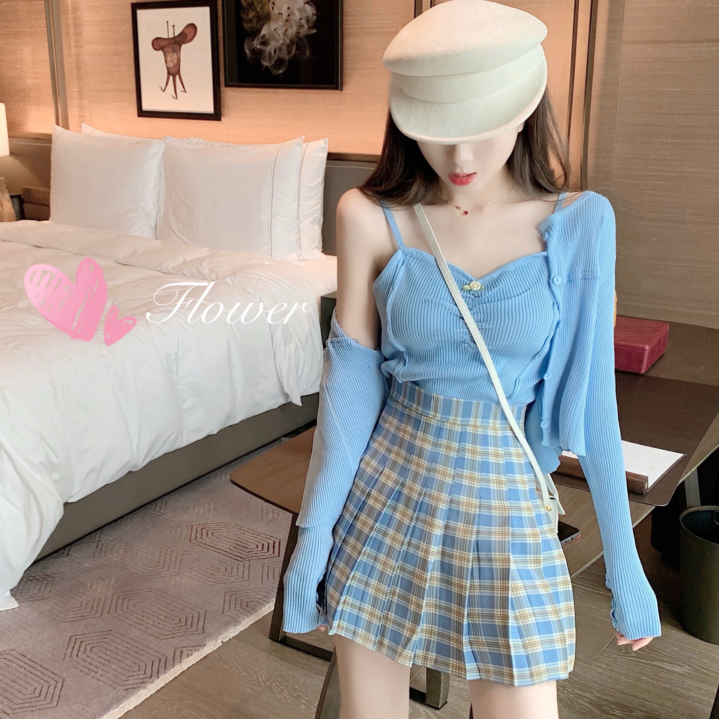 夏季新款性感小吊带背心+防晒衫+格子半身裙女神范时尚三件套装女