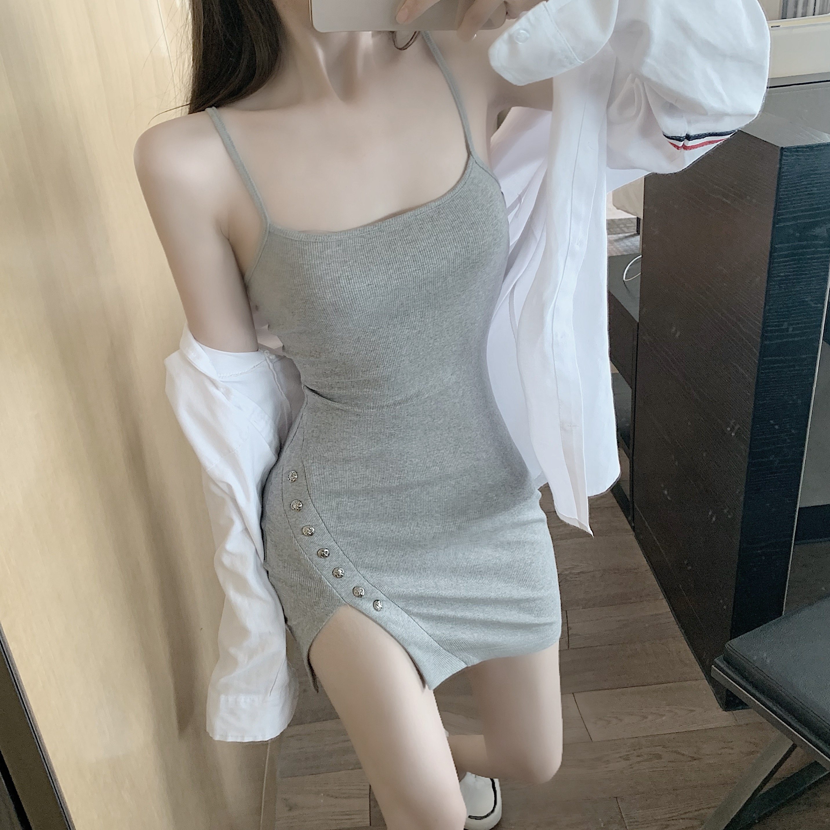 性感包臀吊带连衣裙+长袖防晒衬衣港风chic小个子两件套装裙女夏