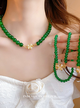 新中式绿色串珠琉璃珠项链女2024新款爆款锁骨链简约个性气质颈链