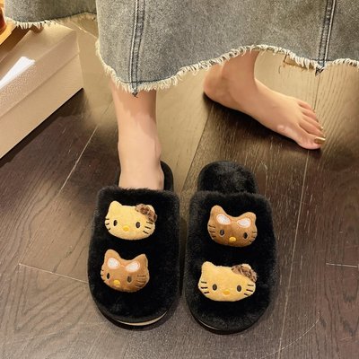 卡通可爱豹纹凯蒂猫加绒棉拖鞋女秋冬季居家耐脏防滑软底毛绒拖鞋