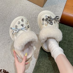 清冷感精致气质蝴蝶结加绒洞洞鞋女秋冬外穿厚底增高防滑包头拖鞋