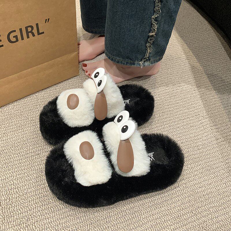 卡通小可爱毛毛拖高品质兔毛舒适棉拖鞋女慵懒好穿厚底棉拖学生鞋