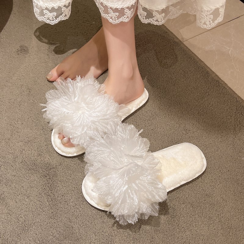 仙女风花朵棉拖鞋女秋冬软底地板静音家居加绒保暖一字毛绒绒拖鞋
