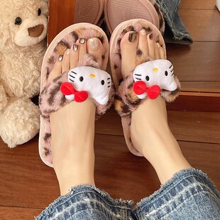 气质可爱豹纹凯蒂猫夹板毛绒绒拖鞋女秋冬居家软底防滑舒适毛毛拖