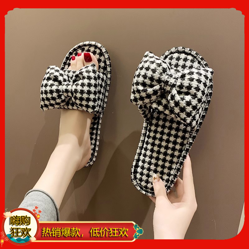 格子一字棉麻女拖鞋室内地板拖2024英格兰千鸟格孕妇坐月子棉拖鞋