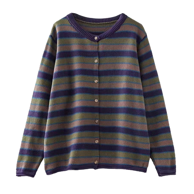 羡婉条纹撞色单排扣针织开衫外套