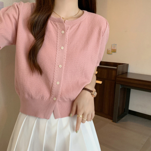 夏季圆领短袖薄款针织开衫外套女高腰短款上衣麻花设计感小衫外穿