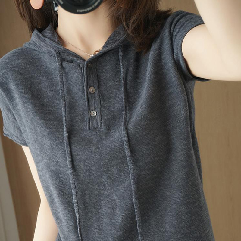 夏季薄款棉麻大码新款针织衫连帽坎袖女韩版宽松V领T恤内搭打底衫