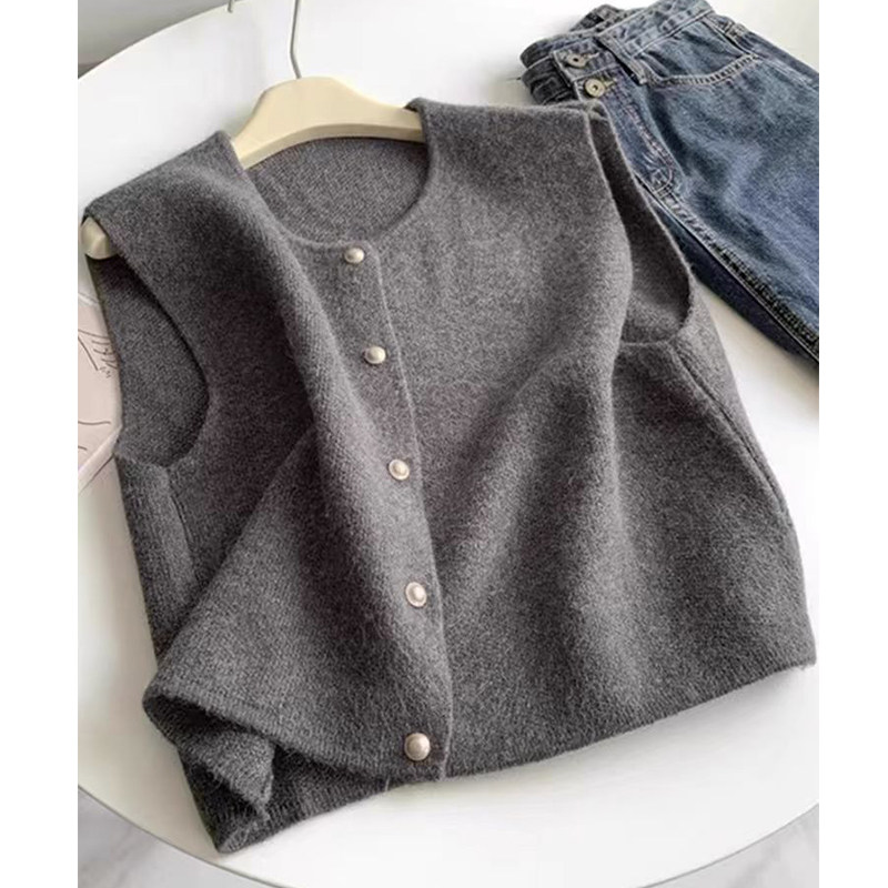 圆领针织背心马甲女秋冬宽松慵懒小香风毛衣复古温柔气质叠穿上衣