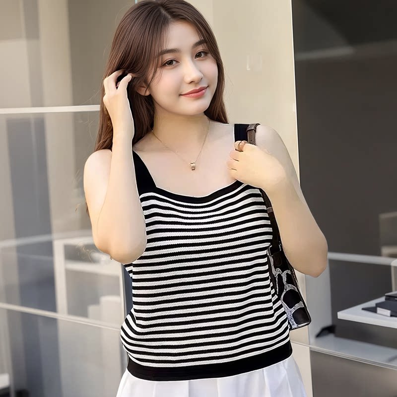 大码条纹吊带背心女夏季新款美背遮副乳显瘦内搭外穿针织无袖上衣