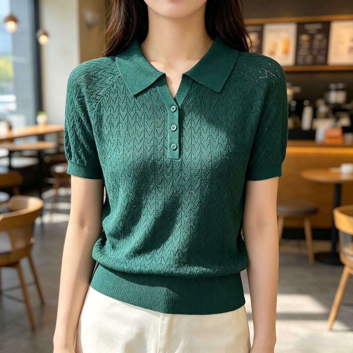 夏季韩版Polo领镂空显瘦针织衫女