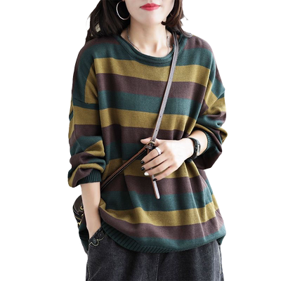 羡婉棉线套头低圆领宽松条纹上衣