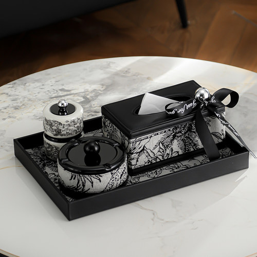 法式覆古皮革纸巾盒高级感茶几多功能卫生纸盒烟灰缸牙签筒收纳套