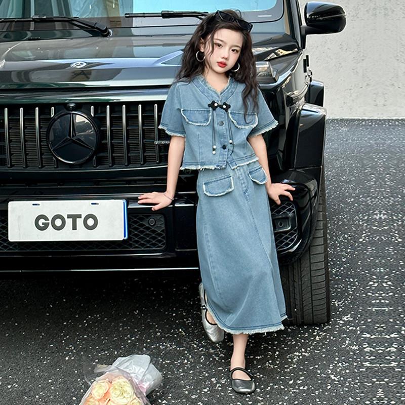 女大童夏季新中式牛仔套装2025新款洋气女孩国风短袖牛仔半身裙潮