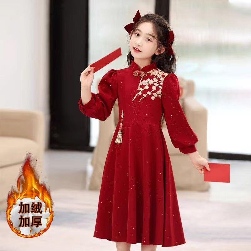 女大童中国风连衣裙本命年红色女孩公主裙子加绒加厚拜年服礼服裙