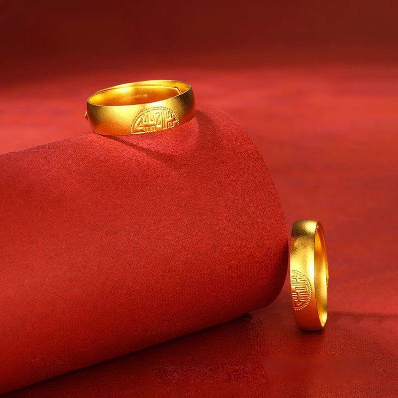 越南沙金喜字戒指男女款 彷黄金色中式双喜情侣结婚对戒久不掉色