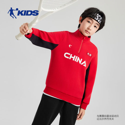 乔丹儿童男大童磨绒运动休闲上衣2025冬商场新款保暖宽松套头卫衣