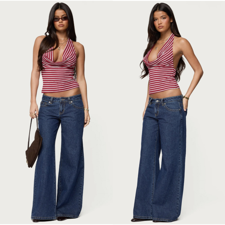 ed复古阔腿微喇低腰无弹水洗牛仔裤 外贸尾货