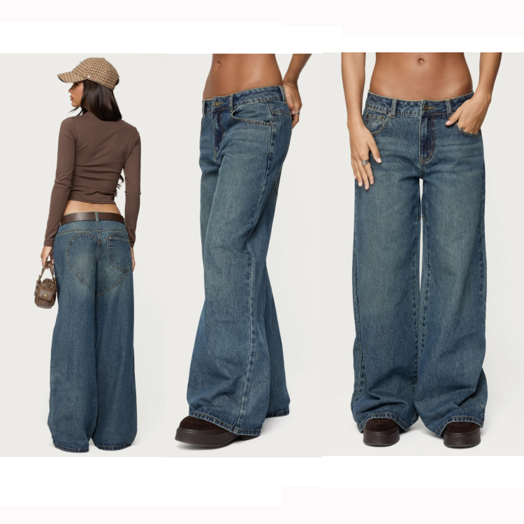 ed拼贴爱心蜜臀水洗牛仔长裤 全棉低腰 四季可穿 外贸尾货