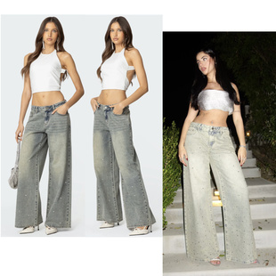 ed闪钻装饰低腰阔腿宽松微喇水洗复古牛仔裤 外贸尾货