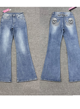 RW家开心骷髅刺绣钉珠重工水洗弹力喇叭牛仔裤 外贸尾货