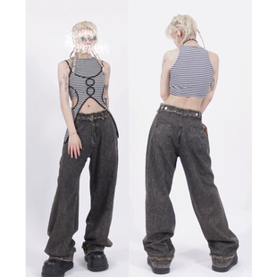 dose7家复古小众水洗不规则闪电纹舒适好穿高腰直筒牛仔裤 尾货