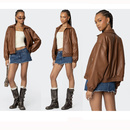 edi家拼色80号绣花贴布夹棉机车皮衣外套 外贸 棕色复古夹棉外套