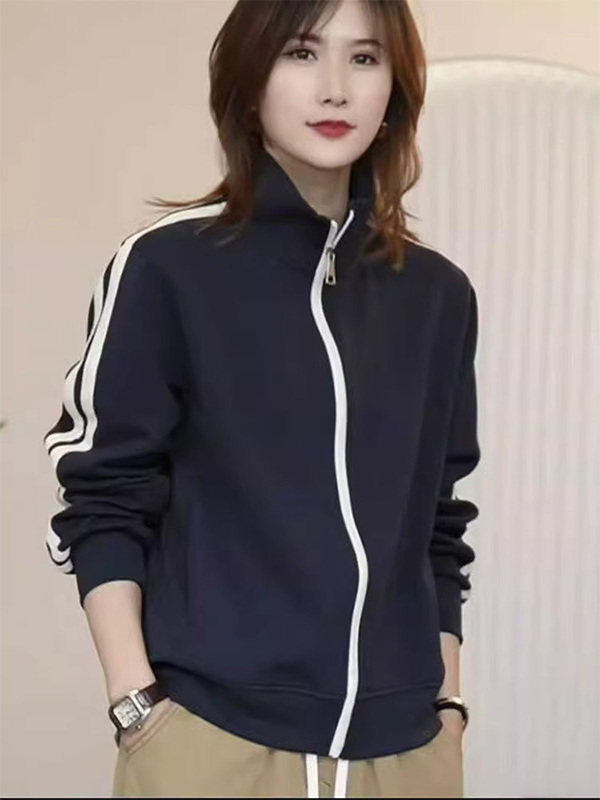 藏青色三条杠立领长袖拉炼棒球服外套女春秋欧货修身显瘦夹克上衣