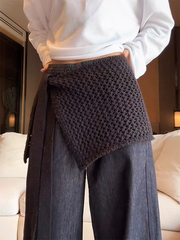 黑色镂空系带半身短裙女春秋欧货新款洋气百搭叠穿屁帘针织裙子